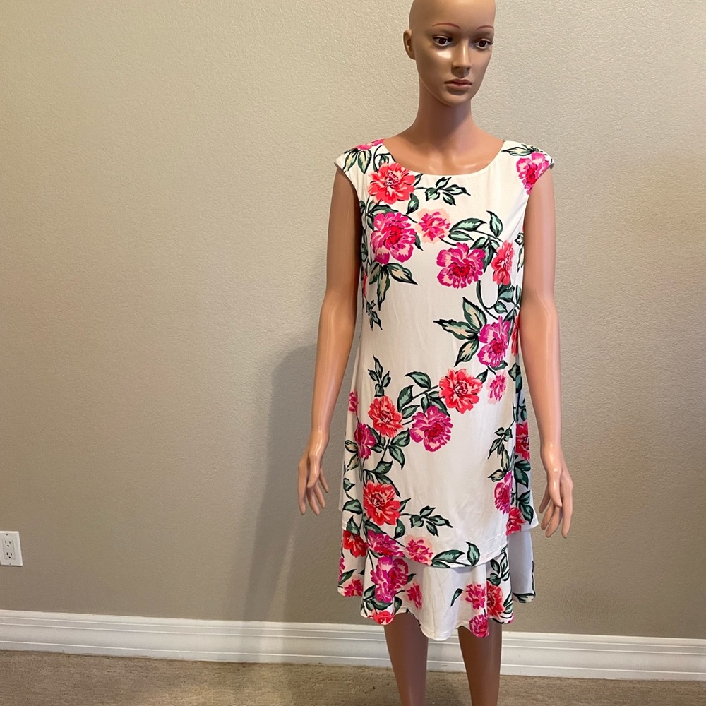 Eliza J pink/red floral dress  mid length with bottom flare size 12